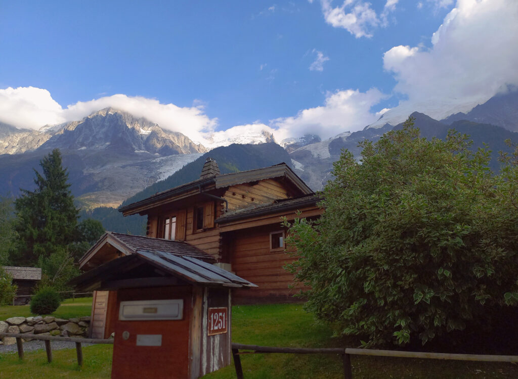 Alpine chalet with the Mont Blanc massif in the backgorund in the French Alps