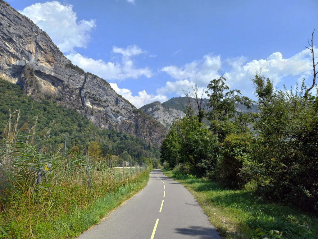 Cycling road through the Arve Valley in the French Alps, about 37km before Chamonix