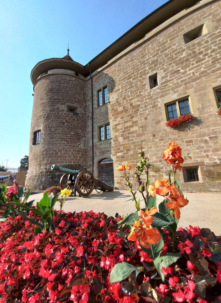 Flower garden in front of Château de Morges medieval castle in Morges, Switzerland