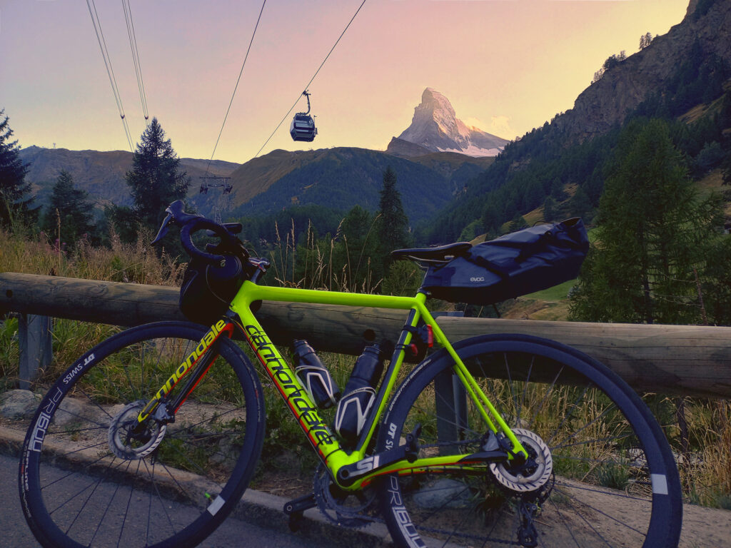 Cannondale bike with bikepacking bags and the Matternhorn mountain in the background near Zermatt