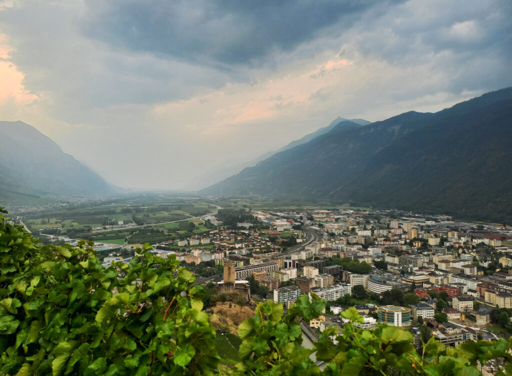 Rain clouds and storm over Martigny and the Rhône Valley in Valais, Switzerland