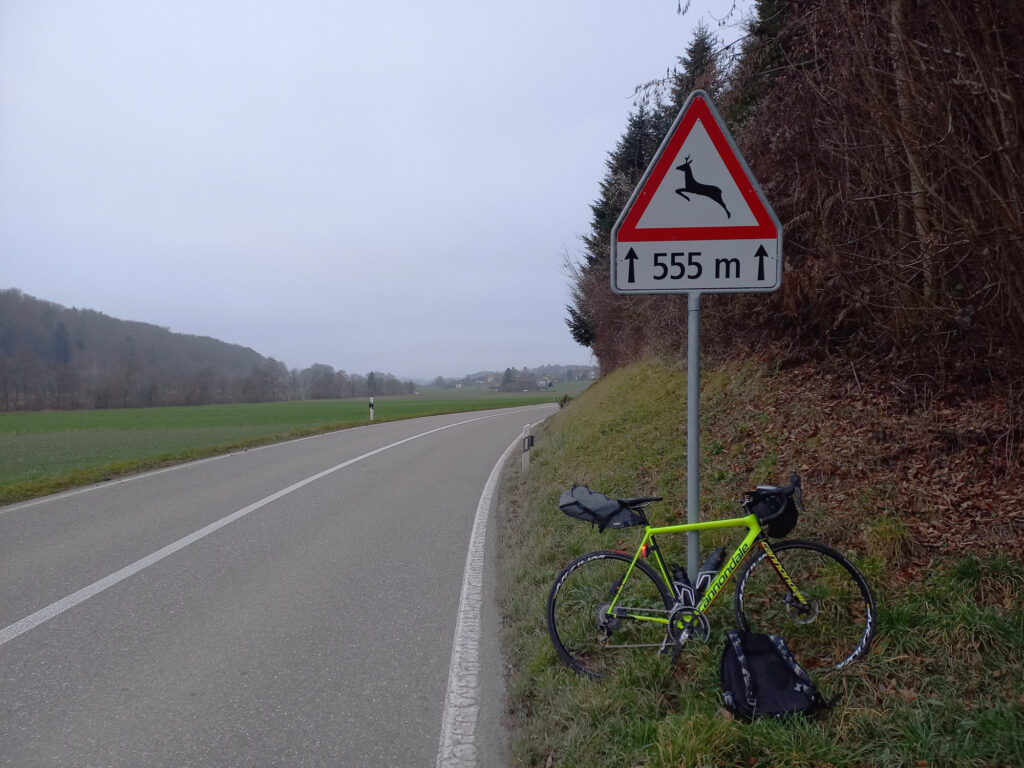 Road bike on a quiet Swiss road with a deer warning sign during a cold winter ride toward Germany