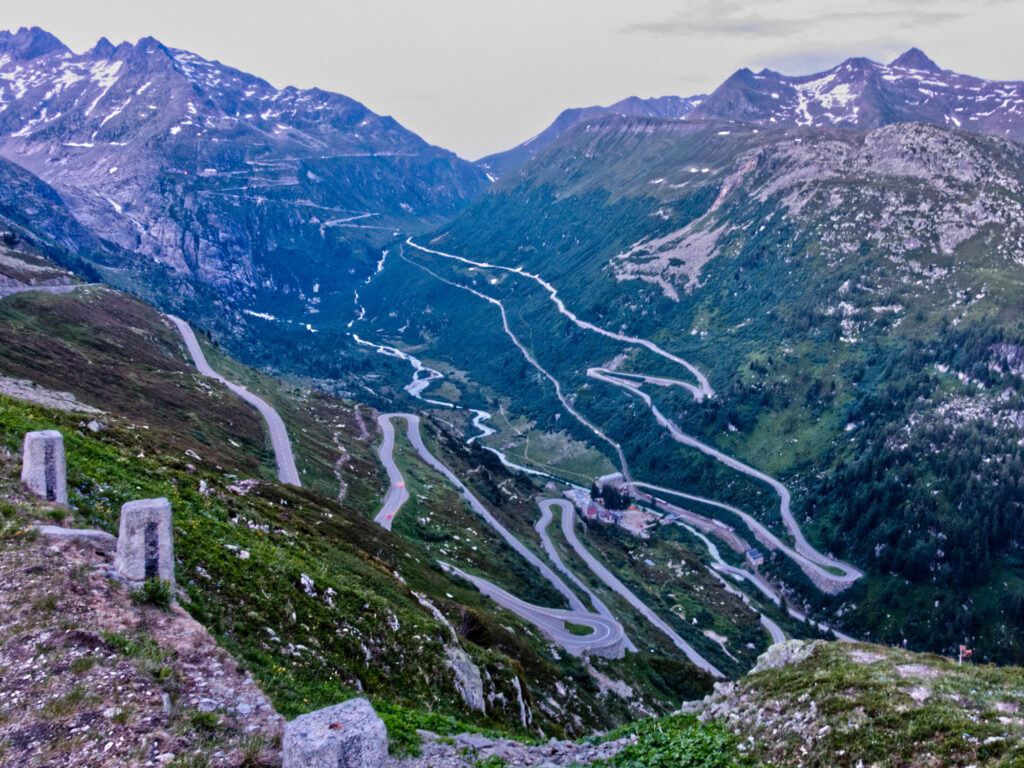View from Grimsel Pass over the serpentine climbs to Grimsel and Furka passes.