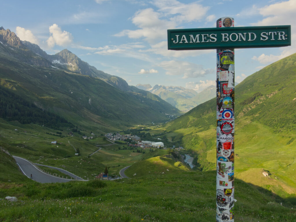 James Bond Street sign overlooking the Furka Pass road.