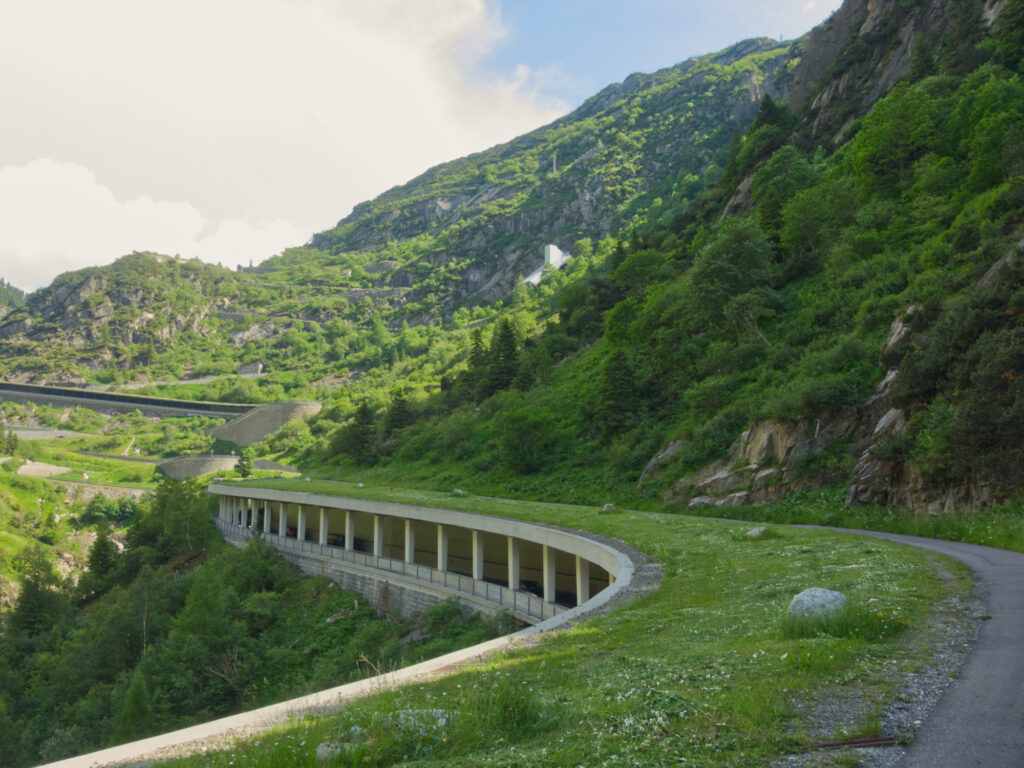 Covered mountain road on the climb to Gotthard Pass.