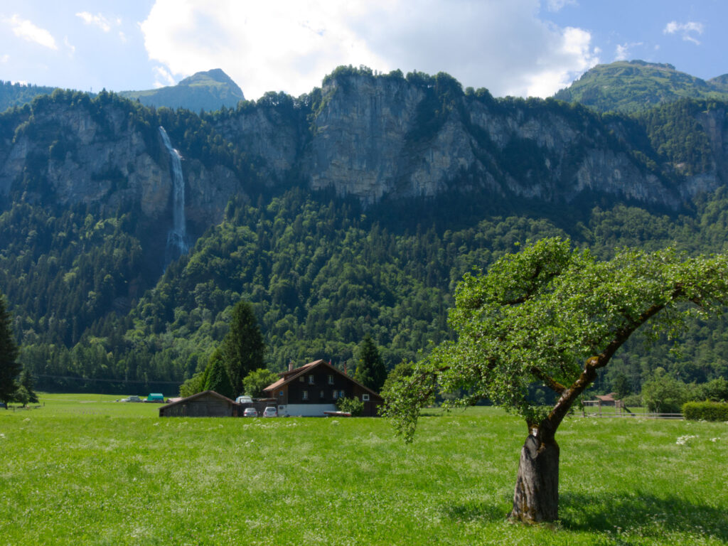 Waterfall above a farmhouse and green meadow in the Haslital Valley.